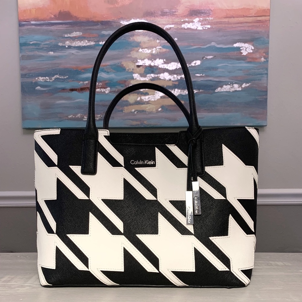 Calvin Klein Black and White Houndstooth Tote Handbag